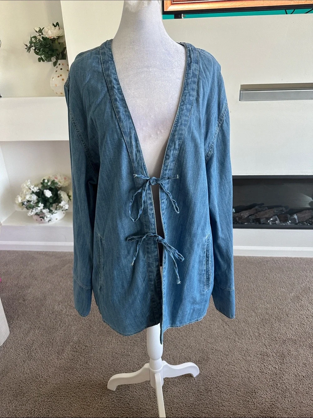 Free People Blue Tie-Front Denim Blazer